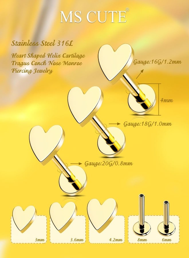 MS CUTE 3Pcs Heart Shaped Gold Nose Studs, 20G 316L Stainless Steel Threadless Stud Earrings Flat Back Gold Nose Monroe Helix Cartilage Tragus Piercing Jewelry-6MM - Image 5