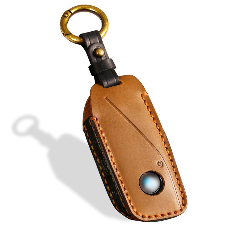 OLLEN ScrewsFree Genuine Leather Key Fob Cover Fit for BMW 20232025up New 57 Series 740i 760i X1 X2 X3 X5 X6 X7 XM IX IX3 I5 I7 etc with Key Ring Brown