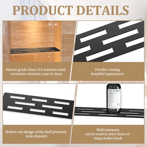 Hezaosth Rectangular Shelf for 12 Inch Tile Prefabricated Niches, Shower Niche Shelf with Powder Coated 316 Stainless Steel Finish, Fits 1/8 inch Grout Lines Shower Niche Insert - Image 4