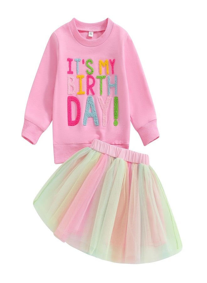 SAYOO Toddler Baby Girls Birthday Outfits Birthday Girl Embroidery Letter Sweatshirt Tops+Rainbow Tutu Skirt Fall Clothes (Rose Pink, 2-3T) - Image 1