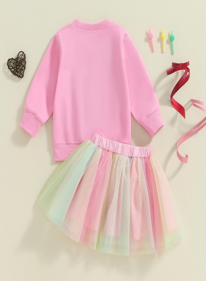 SAYOO Toddler Baby Girls Birthday Outfits Birthday Girl Embroidery Letter Sweatshirt Tops+Rainbow Tutu Skirt Fall Clothes (Rose Pink, 2-3T) - Image 3