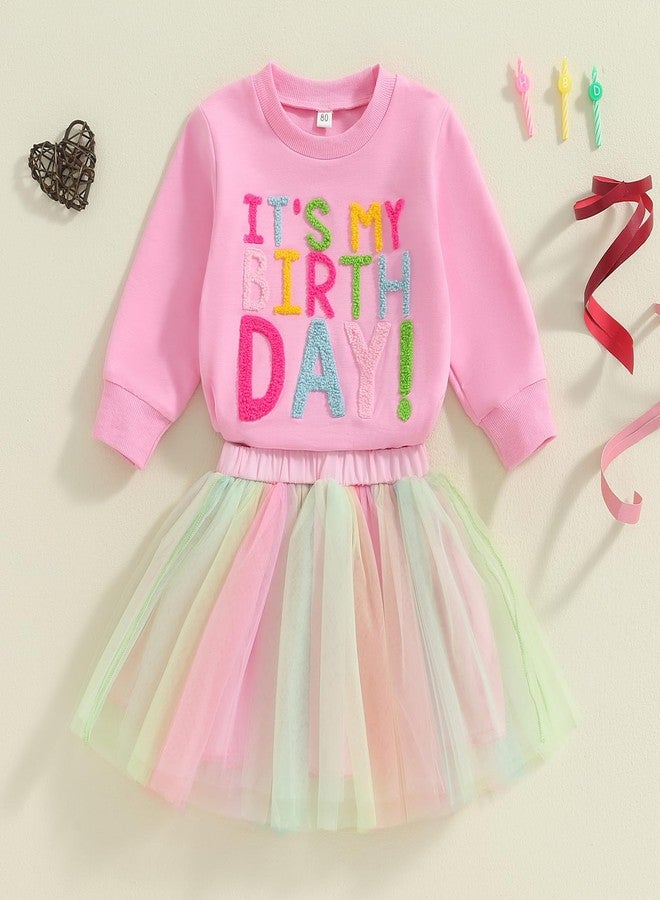 SAYOO Toddler Baby Girls Birthday Outfits Birthday Girl Embroidery Letter Sweatshirt Tops+Rainbow Tutu Skirt Fall Clothes (Rose Pink, 2-3T) - Image 2