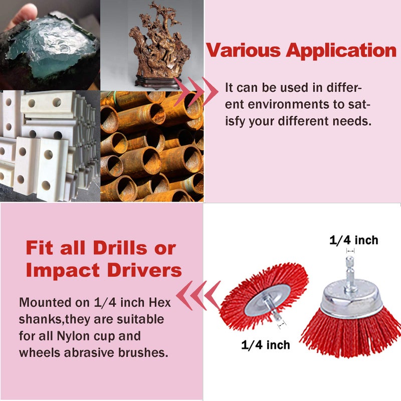 Rocaris 9 Pack Nylon Filament Abrasive Wire Brush Wheel & Cup Brush Set with 1/4 Inch Hex Shank, for Removal of Rust/Corrosion/Paint - 80 Grit, 120 Grit, 240 Grit - Image 4
