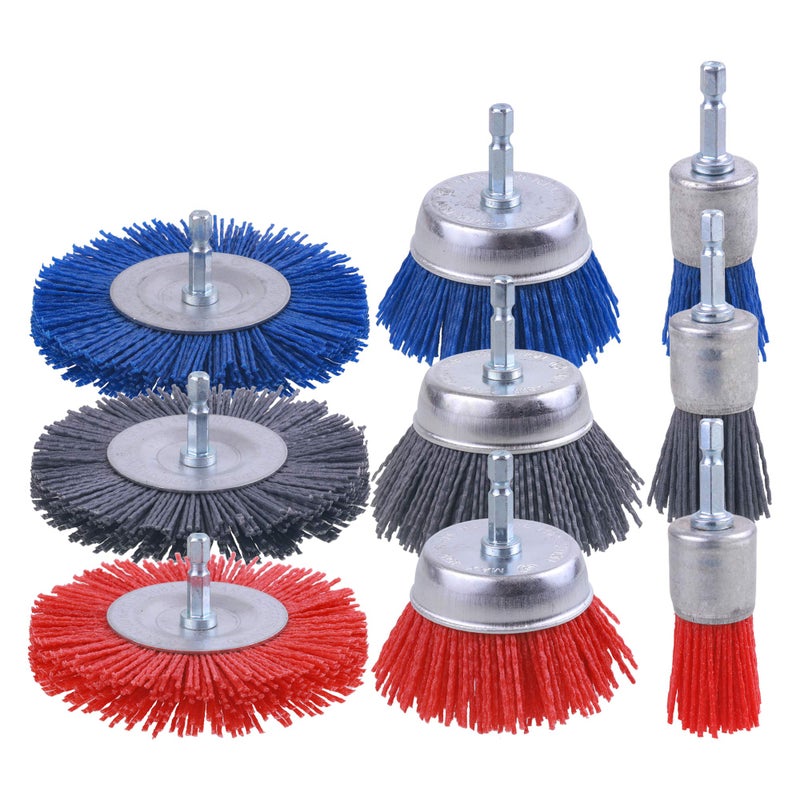 Rocaris 9 Pack Nylon Filament Abrasive Wire Brush Wheel & Cup Brush Set with 1/4 Inch Hex Shank, for Removal of Rust/Corrosion/Paint - 80 Grit, 120 Grit, 240 Grit - Image 1