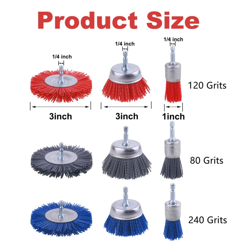 Rocaris 9 Pack Nylon Filament Abrasive Wire Brush Wheel & Cup Brush Set with 1/4 Inch Hex Shank, for Removal of Rust/Corrosion/Paint - 80 Grit, 120 Grit, 240 Grit - Image 2