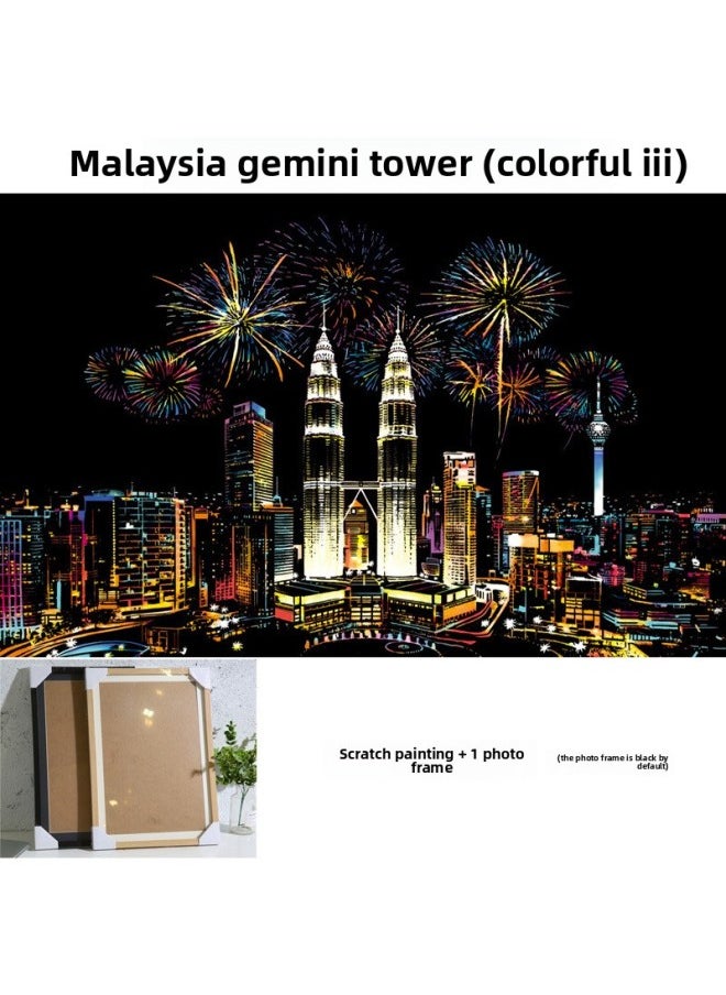 null - Color City Night Scrape Painting 3 Colorful Scrape Paper 8 Open Hand Scrape Painting This Pattern To Send Men And Women A Wholesale-Colour:(colorful Third Edition) Malaysia Petronas Towers - Scratch Painting + Photo Frame - Image 1