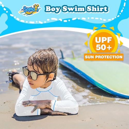 Semois White Boys Rash Guard Swim Shirt Long Sleeve for Kids 10-12Y Rashguard Water Swimwear UPF+ 50 Swimming Surf Sun Shirt - Image 2