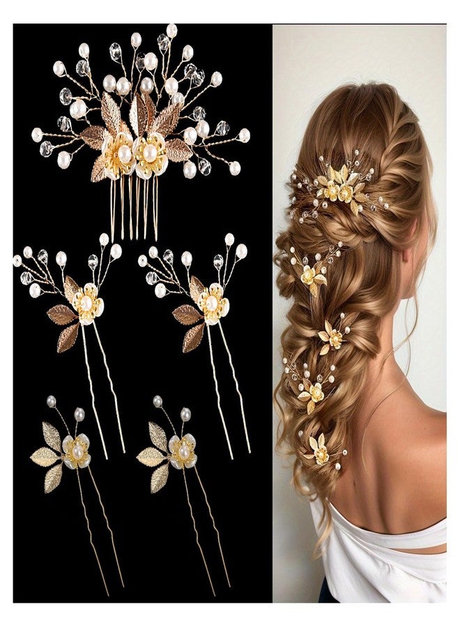 YUISI 5Pcs Wedding Hair Pins Hairstyle Decoration Bride Clips, Hair Accessories for Woman, Luxury Gold Pearl Flower Bun and Braid Hair Accessories for Bridal Hairstyles - Image 1
