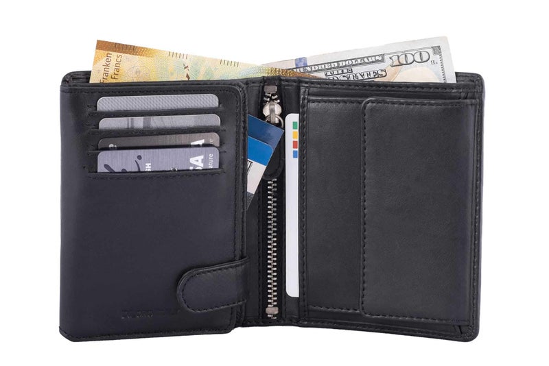 DiLoro Mens Wallets Italy Bifold Flip ID Leather Wallet Vertical Slots Coin and Zip Compartment Large Capacity RFID Blocking (Polished Nappa Black) - Image 2
