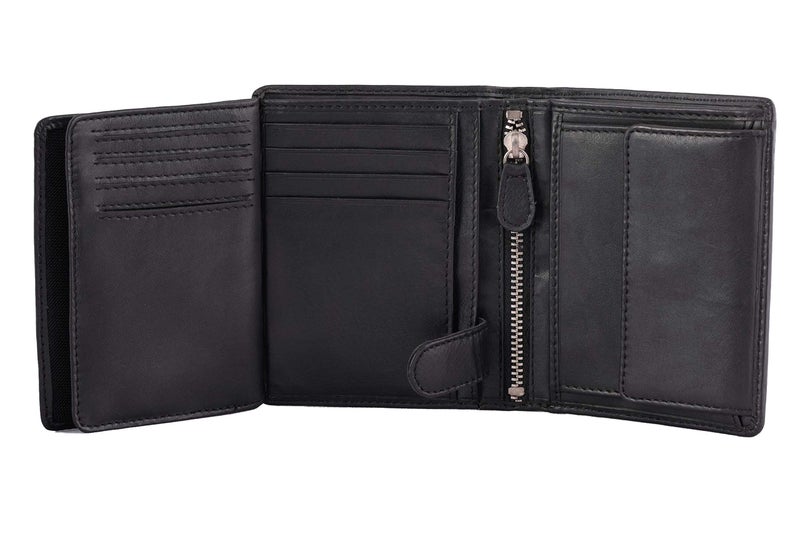 DiLoro Mens Wallets Italy Bifold Flip ID Leather Wallet Vertical Slots Coin and Zip Compartment Large Capacity RFID Blocking (Polished Nappa Black) - Image 1