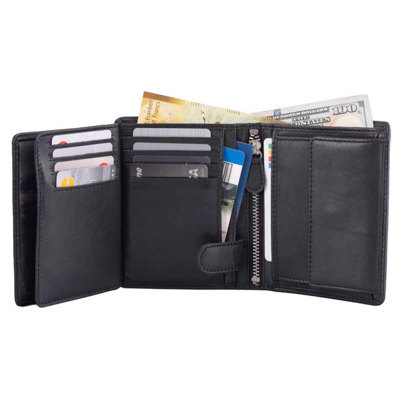 DiLoro Mens Wallets Italy Bifold Flip ID Leather Wallet Vertical Slots Coin and Zip Compartment Large Capacity RFID Blocking (Polished Nappa Black) - Image 3