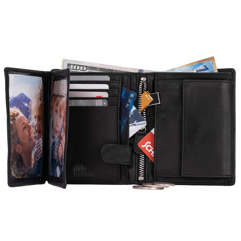 DiLoro Mens Wallets Italy Bifold Flip ID Leather Wallet Vertical Slots Coin and Zip Compartment Large Capacity RFID Blocking (Polished Nappa Black) - Image 4