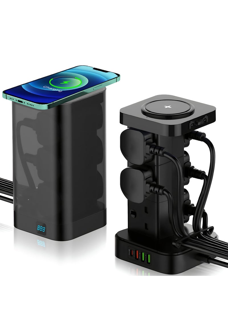 2M Tower Extension Lead with USB Ports 6 Outlets and Type C Wireless Charging for Home Office Kitchen - Image 1
