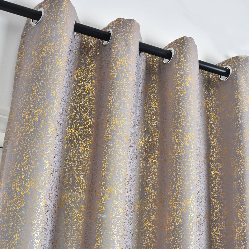 TERLYTEX Grey Gold Curtains 63 Inch Length for Bedroom, Metallic Gold Foil Spary Spots Shimmer Window Curtain Panels, Grommet Privacy Semi-Sheer Curtains, 52 x 63 Inch, 2 Panels, Gold Grey - Image 3