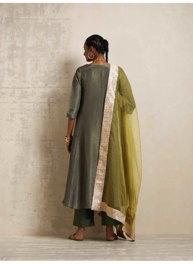 ترو برونز trueBrowns Green Tissue Anarkali Kurta Dupatta Set