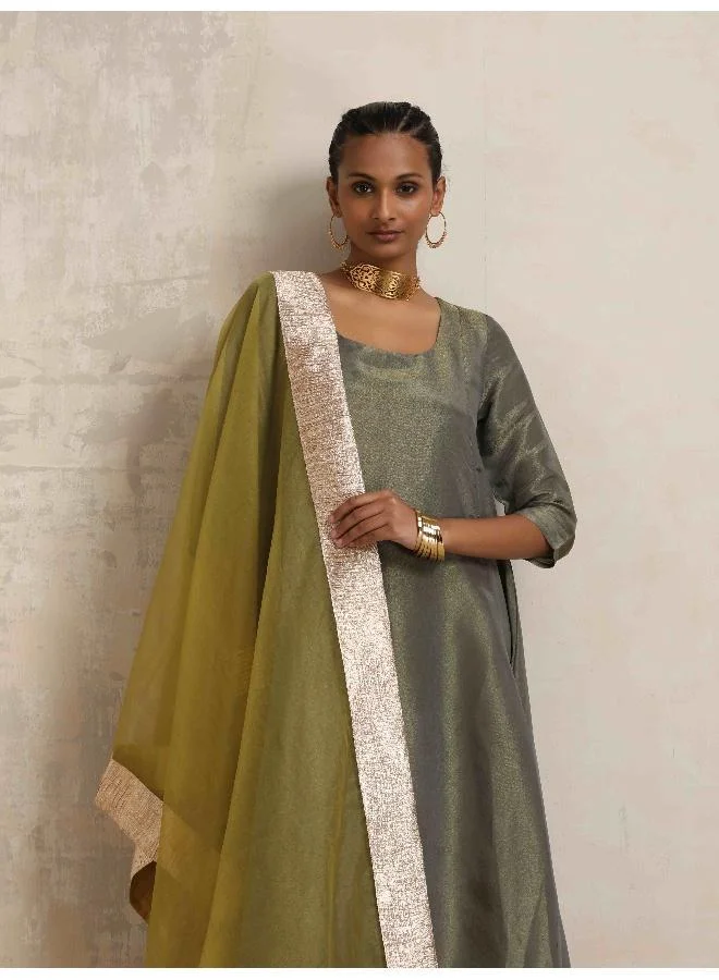 ترو برونز trueBrowns Green Tissue Anarkali Kurta Dupatta Set