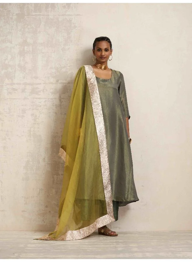 ترو برونز trueBrowns Green Tissue Anarkali Kurta Dupatta Set