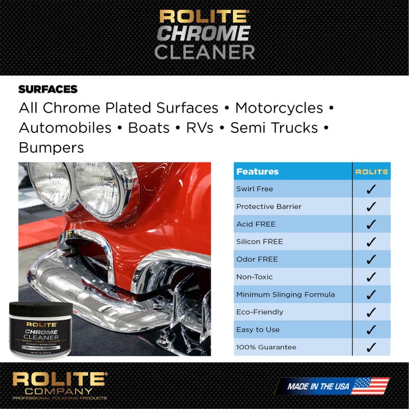 Rolite Chrome Cleaner, 1 lb, for Chrome Plated Surfaces, Heavy-Duty Cleaner for Motorcycles, Automobiles, Boats, RVs, Bumpers, and More, Metal Cleaning and Polishing Solution - Image 2