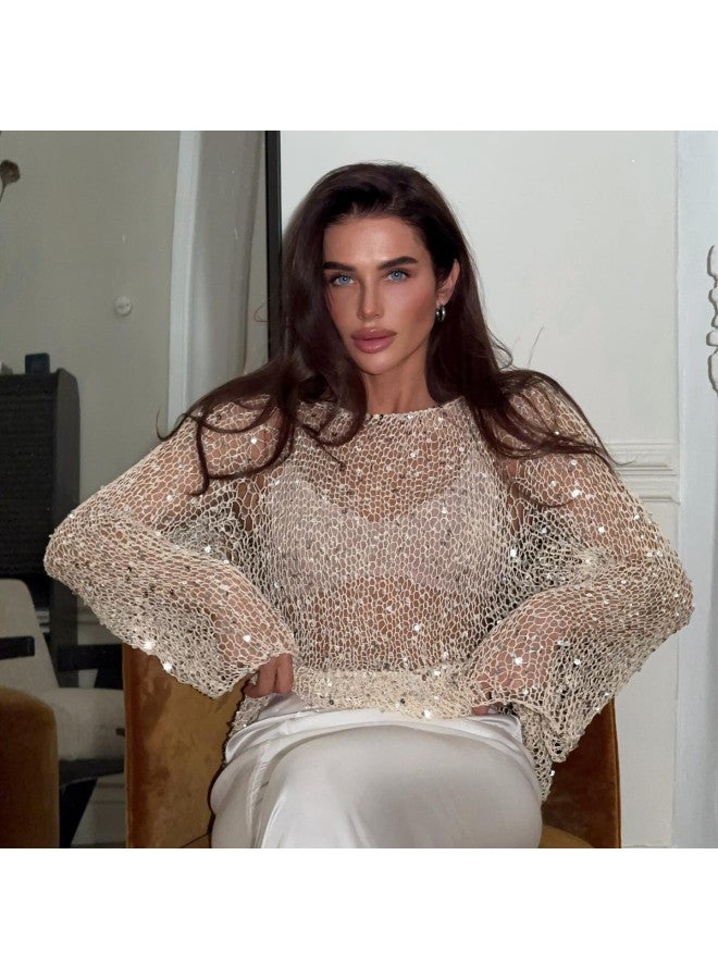Champagne European and American Style Sequin-decorated Women's Knitted Shirt,Slim-fitting