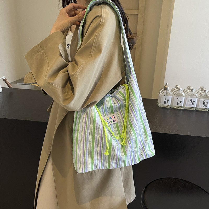 Fresh Style Striped Canvas Shoulder Bag 2025 Korean Style New Arrival Large Capacity Student Schoolbag Commuter Tote Bag - Image 3