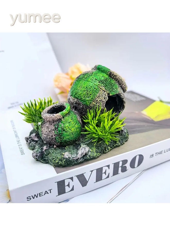 يمي ديكور حوض أسماك من الراتنج، وعاء مزدوج مع طحلب أخضر ونباتات مصغرة، حوض سمك ومخبأ روبيان، ديكور طبيعي متين - Image 4