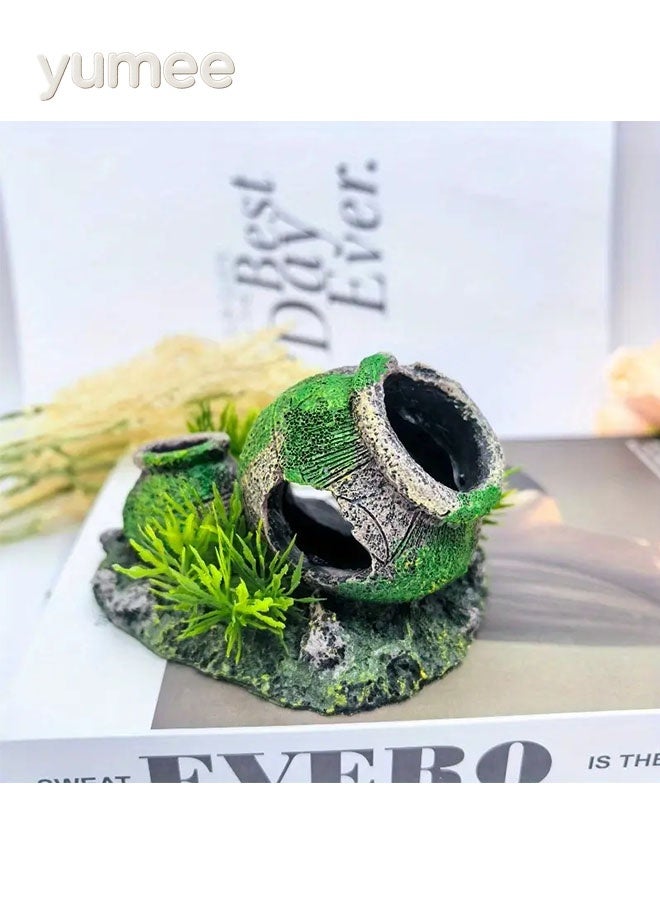 يمي ديكور حوض أسماك من الراتنج، وعاء مزدوج مع طحلب أخضر ونباتات مصغرة، حوض سمك ومخبأ روبيان، ديكور طبيعي متين - Image 3