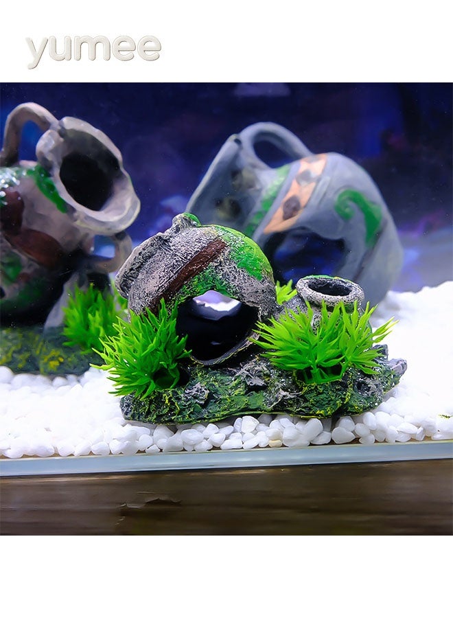 يمي ديكور حوض أسماك من الراتنج، وعاء مزدوج مع طحلب أخضر ونباتات مصغرة، حوض سمك ومخبأ روبيان، ديكور طبيعي متين - Image 1