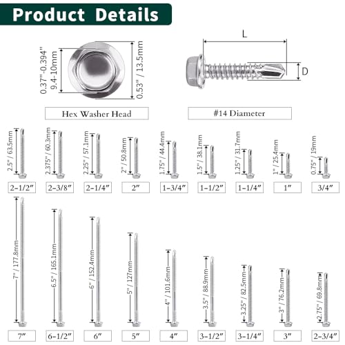 EASTLO #14 x 1-1/4" (50 pcs) Hex Washer Head Self Drilling Screws, 410 Stainless Steel Metal Sheet Tek Screws, Self Tapping Point, No Pre-drilled Hole Needs - Image 5