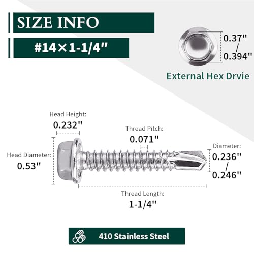 EASTLO #14 x 1-1/4" (50 pcs) Hex Washer Head Self Drilling Screws, 410 Stainless Steel Metal Sheet Tek Screws, Self Tapping Point, No Pre-drilled Hole Needs - Image 3