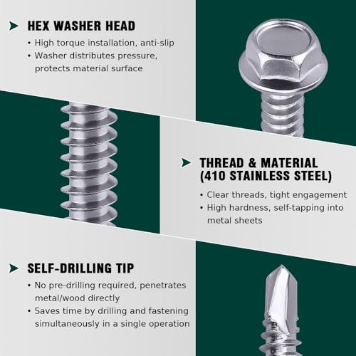 EASTLO #14 x 1-1/4" (50 pcs) Hex Washer Head Self Drilling Screws, 410 Stainless Steel Metal Sheet Tek Screws, Self Tapping Point, No Pre-drilled Hole Needs - Image 4