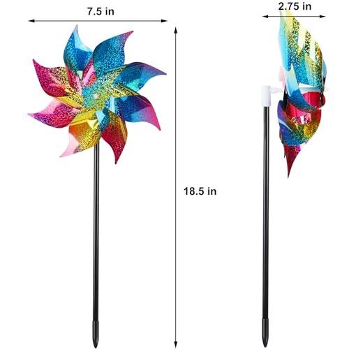 Hausse 10 Pack Reflective Pinwheels Wind Spinner, Extra Sparkly Rainbow Pinwheel with Stakes, Bird Repellent Blinder Devices Deterrent to Scare Birds Away from Yard Patio Farm Garden, Colorful - Image 2
