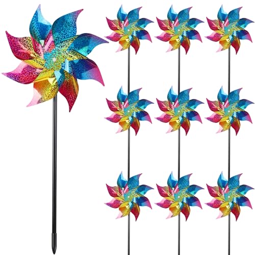 Hausse 10 Pack Reflective Pinwheels Wind Spinner, Extra Sparkly Rainbow Pinwheel with Stakes, Bird Repellent Blinder Devices Deterrent to Scare Birds Away from Yard Patio Farm Garden, Colorful - Image 1