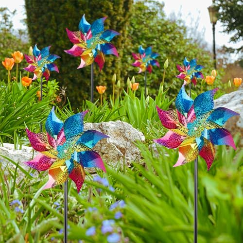 Hausse 10 Pack Reflective Pinwheels Wind Spinner, Extra Sparkly Rainbow Pinwheel with Stakes, Bird Repellent Blinder Devices Deterrent to Scare Birds Away from Yard Patio Farm Garden, Colorful - Image 5