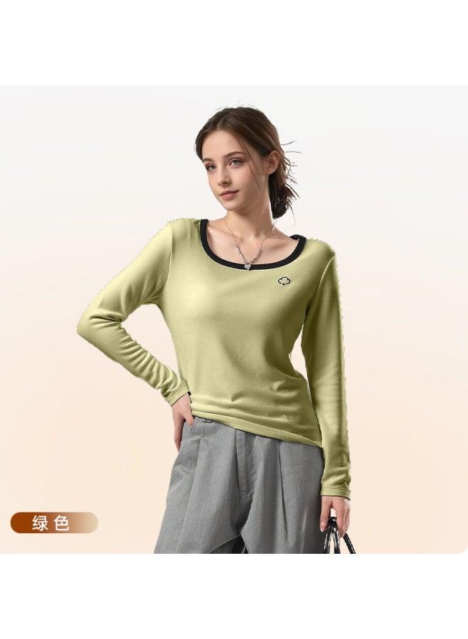 Spring And Autumn New Style German Velvet Square-neck Base Shirt For Women, Can Be Worn Outside, Color-blocking Long-sleeve T-shirt, Warm Inner Layer Base Top For Women