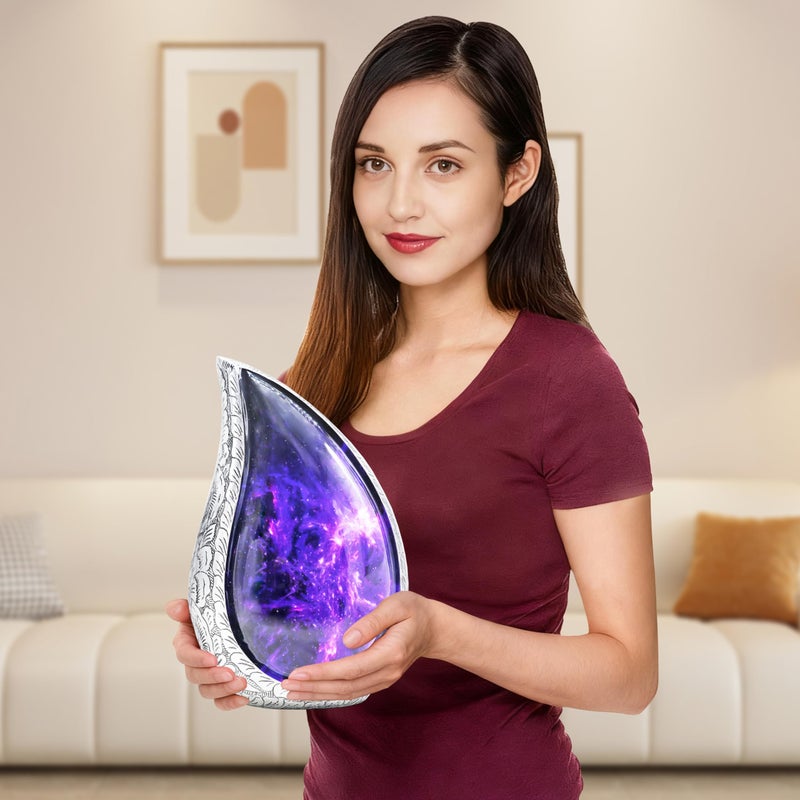 M MEILINXU Cremation Urns for Human Ashes Adult Female & Male, Urn for Ashes for Women & Man, Aurora Borealis Teardrop, Funeral Decorative Engraving, Purple and Black, Cosmic Galaxy Tear Drop - Large - Image 3