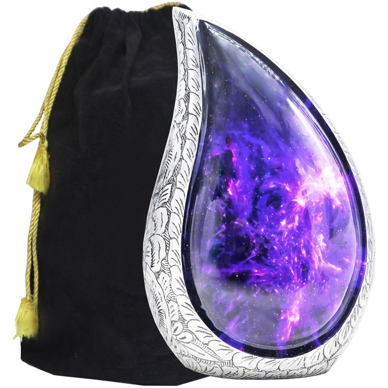 M MEILINXU Cremation Urns for Human Ashes Adult Female & Male, Urn for Ashes for Women & Man, Aurora Borealis Teardrop, Funeral Decorative Engraving, Purple and Black, Cosmic Galaxy Tear Drop - Large - Image 1