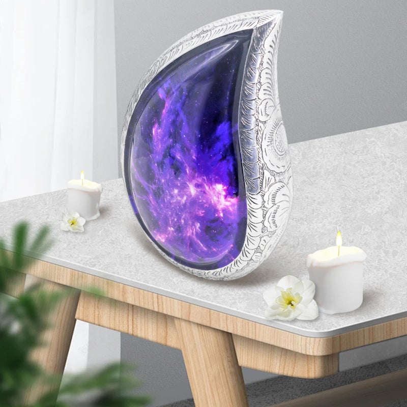 M MEILINXU Cremation Urns for Human Ashes Adult Female & Male, Urn for Ashes for Women & Man, Aurora Borealis Teardrop, Funeral Decorative Engraving, Purple and Black, Cosmic Galaxy Tear Drop - Large - Image 4