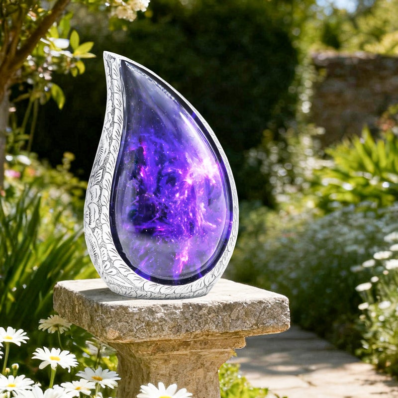 M MEILINXU Cremation Urns for Human Ashes Adult Female & Male, Urn for Ashes for Women & Man, Aurora Borealis Teardrop, Funeral Decorative Engraving, Purple and Black, Cosmic Galaxy Tear Drop - Large - Image 5