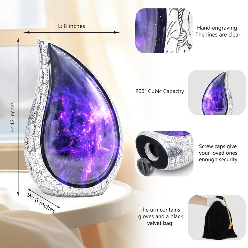 M MEILINXU Cremation Urns for Human Ashes Adult Female & Male, Urn for Ashes for Women & Man, Aurora Borealis Teardrop, Funeral Decorative Engraving, Purple and Black, Cosmic Galaxy Tear Drop - Large - Image 2