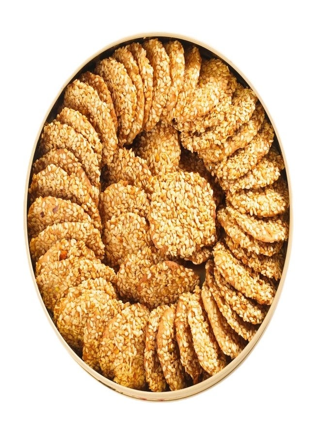 NATUF Crunchy Sesame & Pistachio Cookies | Authentic Middle Eastern Barazik Cookies | Perfect Tea Snack, Ghee-Free Healthy Sesame Cookies, No Preservatives, Handmade, Gourmet Biscuits -300gm Tin Box - Image 1