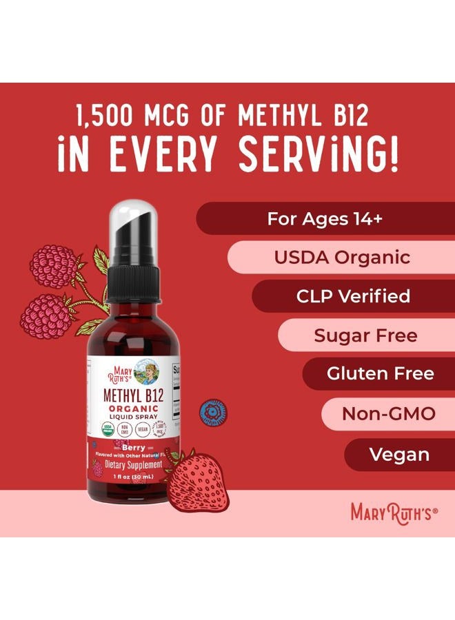 Vitamin B12 Liquid Spray | Vegan, Non-GMO, Gluten-Free | USDA Organic Supplement | Energy & Nervous System Support | B12 Vitamins for Women & Men | 1,500 mcg | 1 Fl Oz