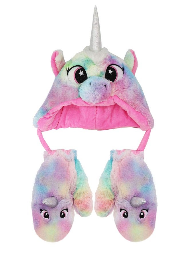 Newfancy Kids Girls Cute Rainbow Unicorn Beanie Winter Hat and Glove Set Tie Dye Fuzzy Fur Earflap Cap Mitten Set - Image 2