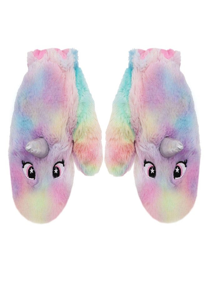 Newfancy Kids Girls Cute Rainbow Unicorn Beanie Winter Hat and Glove Set Tie Dye Fuzzy Fur Earflap Cap Mitten Set - Image 5