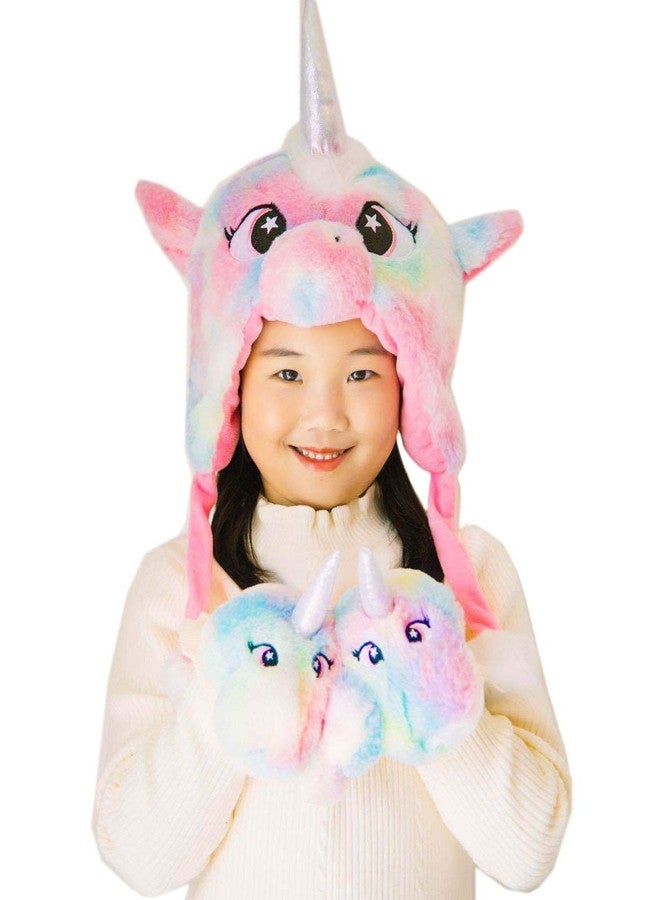 Newfancy Kids Girls Cute Rainbow Unicorn Beanie Winter Hat and Glove Set Tie Dye Fuzzy Fur Earflap Cap Mitten Set - Image 3