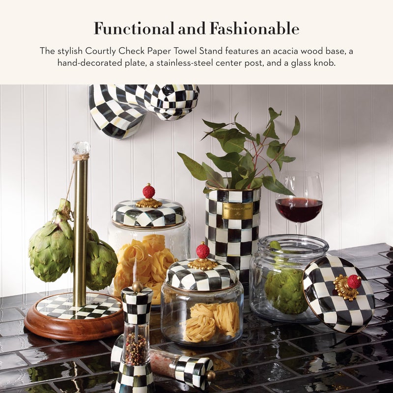 mackenzie childs MACKENZIE-CHILDS Wood Paper Towel Holder, Decorative Paper Towel Holder for Kitchen, Black-and-White Courtly Check - Image 2