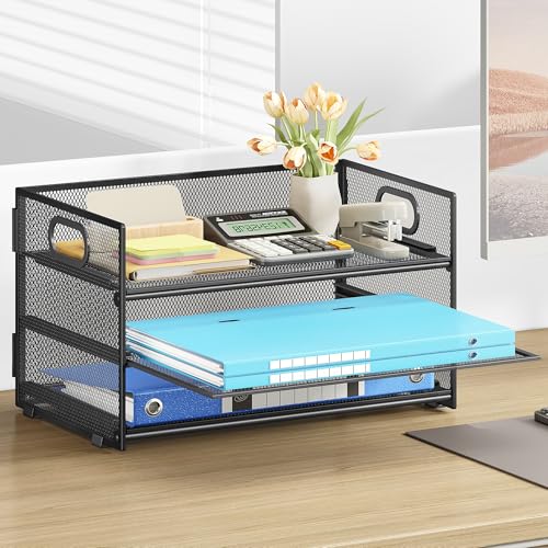 Subekyu 3 Tier Paper Letter Tray Organizer for Desk, Black Metal Mesh Desk File Folder Sorter Organizer with Handle and Sliding Tray for Home, Office, School Supplies Organization Storage - Image 3