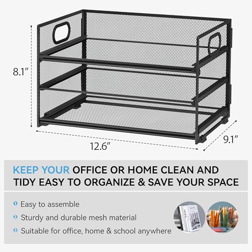Subekyu 3 Tier Paper Letter Tray Organizer for Desk, Black Metal Mesh Desk File Folder Sorter Organizer with Handle and Sliding Tray for Home, Office, School Supplies Organization Storage - Image 2