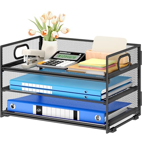 Subekyu 3 Tier Paper Letter Tray Organizer for Desk, Black Metal Mesh Desk File Folder Sorter Organizer with Handle and Sliding Tray for Home, Office, School Supplies Organization Storage - Image 1