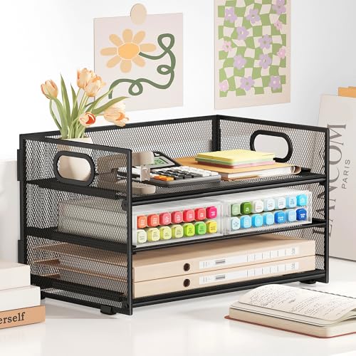 Subekyu 3 Tier Paper Letter Tray Organizer for Desk, Black Metal Mesh Desk File Folder Sorter Organizer with Handle and Sliding Tray for Home, Office, School Supplies Organization Storage - Image 5