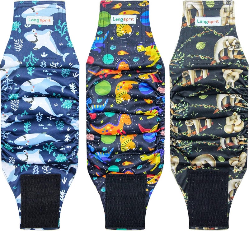 Langsprit Male Belly Bands for Dogs (Pack of 3) - Dog Diapers Male - High Absorbing Dog Wraps Washable - Reusable Small Doggy Doggie Puppy Dog Diapers (Sloth,Whale,Dinosaur, Small) - Image 1